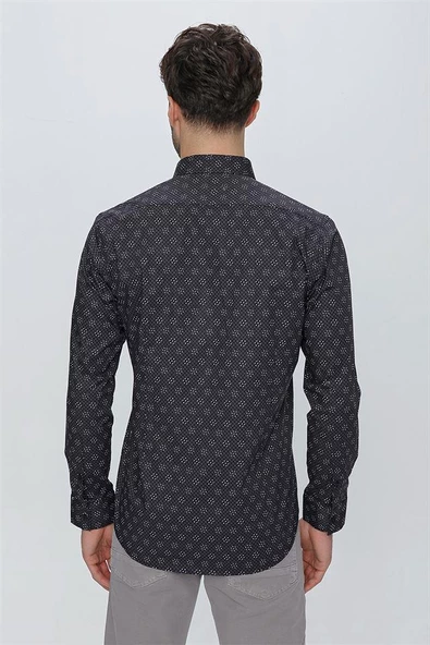 Siyah Uzun Kol Klasik Slim Fit Pamuklu Likralı Gömlek 1004225244 - Resim 7