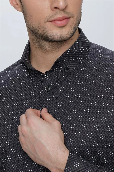 Siyah Uzun Kol Klasik Slim Fit Pamuklu Likralı Gömlek 1004225244 - Resim 5