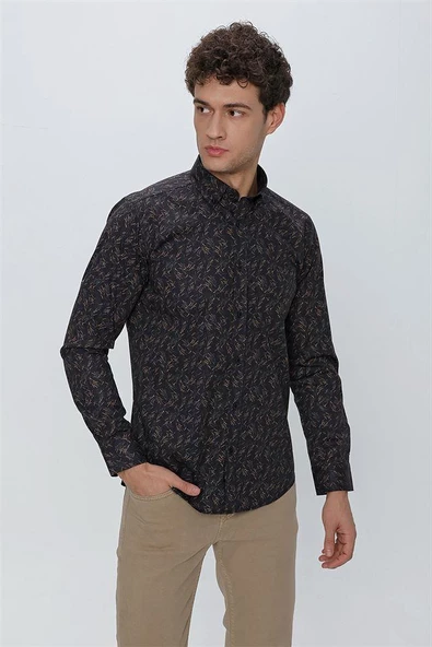 Koyu Lacivert Uzun Kol Klasik Slim Fit Pamuklu Likralı Gömlek 1004225245