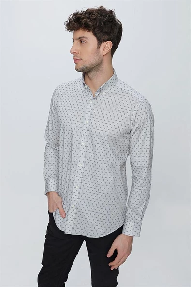 Gri Uzun Kol Klasik Slim Fit Pamuklu Likralı Gömlek 1004225247 - Resim 5