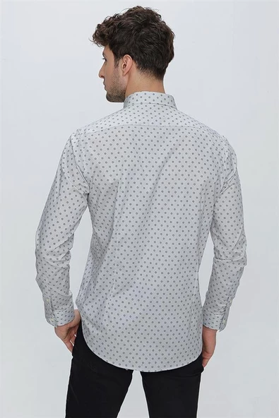 Gri Uzun Kol Klasik Slim Fit Pamuklu Likralı Gömlek 1004225247 - Resim 7