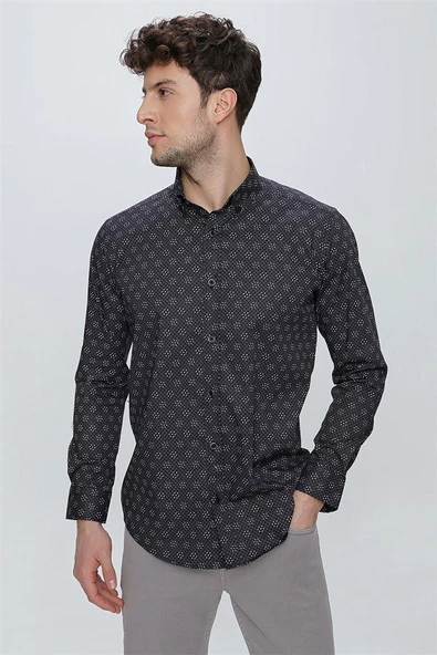 Siyah Uzun Kol Klasik Slim Fit Pamuklu Likralı Gömlek 1004225244 - Resim 3