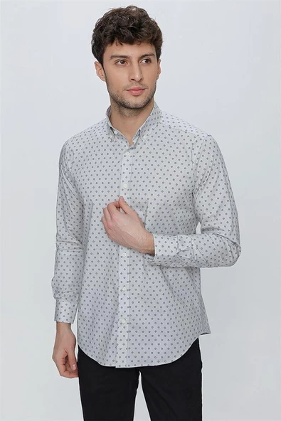Gri Uzun Kol Klasik Slim Fit Pamuklu Likralı Gömlek 1004225247 - Resim 3