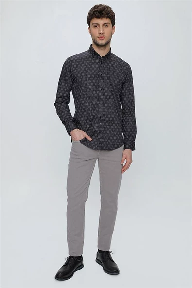 Siyah Uzun Kol Klasik Slim Fit Pamuklu Likralı Gömlek 1004225244 - Resim 6