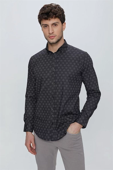 Siyah Uzun Kol Klasik Slim Fit Pamuklu Likralı Gömlek 1004225244 - Resim 4