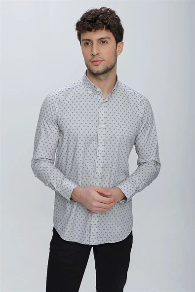 Gri Uzun Kol Klasik Slim Fit Pamuklu Likralı Gömlek 1004225247 - Resim 4
