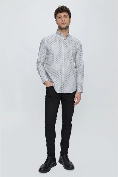 Gri Uzun Kol Klasik Slim Fit Pamuklu Likralı Gömlek 1004225247 - Resim 2