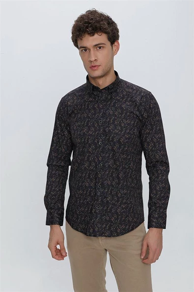 Koyu Lacivert Uzun Kol Klasik Slim Fit Pamuklu Likralı Gömlek 1004225245 - Resim 3