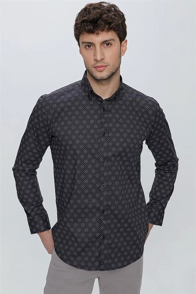 Siyah Uzun Kol Klasik Slim Fit Pamuklu Likralı Gömlek 1004225244 - Resim 2
