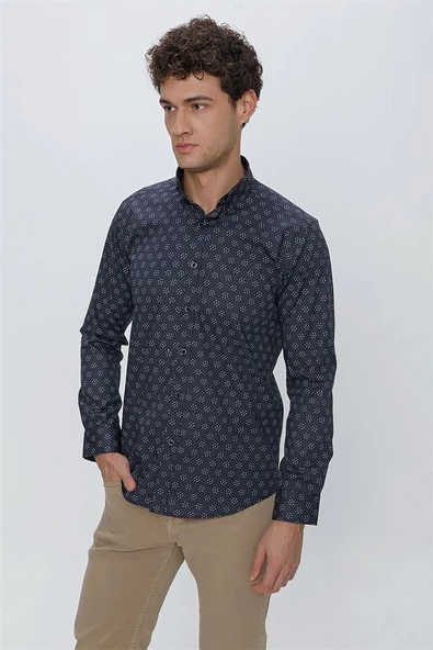 Koyu Lacivert Uzun Kol Klasik Slim Fit Pamuklu Likralı Gömlek 1004225244
