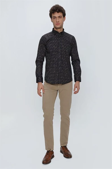 Koyu Lacivert Uzun Kol Klasik Slim Fit Pamuklu Likralı Gömlek 1004225245 - Resim 4