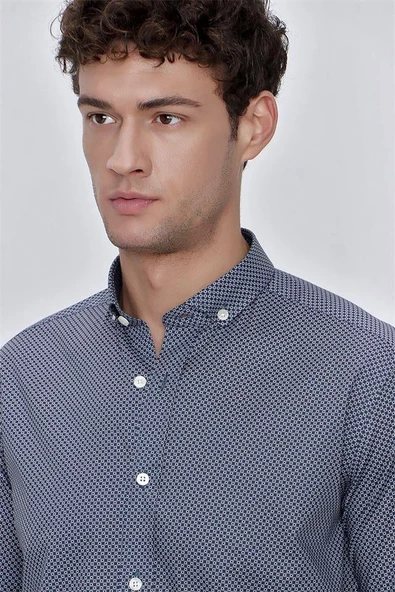İndigo Mavi Uzun Kol Gömlek Yaka Klasik Slim Fit Pamuklu Likralı Gömlek 1004225207 - Resim 6