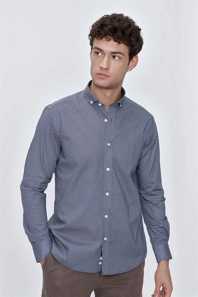 İndigo Mavi Uzun Kol Gömlek Yaka Klasik Slim Fit Pamuklu Likralı Gömlek 1004225207 ürün görseli