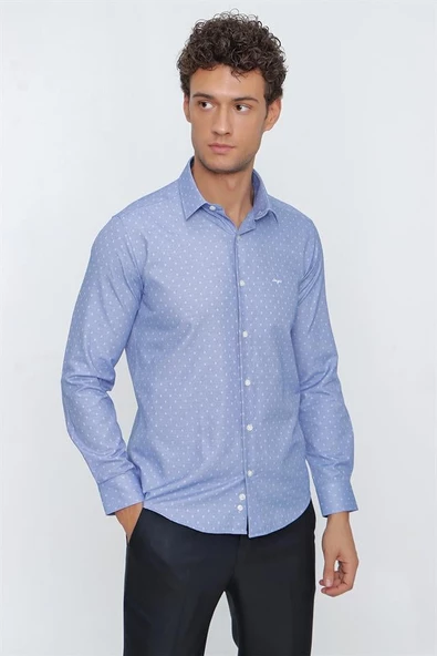 Mavi Uzun Kol Desenli Oxford Sert Yaka  Slim Fit Dar Kesim Klasik Gömlek 1004225206