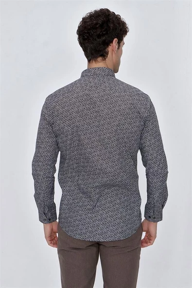 Koyu Kahverengi Uzun Kol Gömlek Yaka Klasik Slim Fit Pamuklu Gömlek 1004225223 - 8