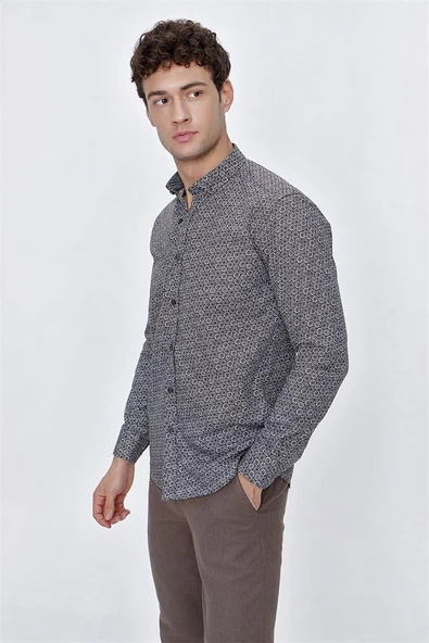 Koyu Kahverengi Uzun Kol Gömlek Yaka Klasik Slim Fit Pamuklu Gömlek 1004225223 - 6