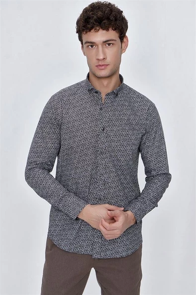 Koyu Kahverengi Uzun Kol Gömlek Yaka Klasik Slim Fit Pamuklu Gömlek 1004225223 - 5