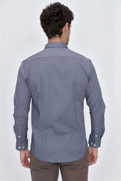 İndigo Mavi Uzun Kol Gömlek Yaka Klasik Slim Fit Pamuklu Likralı Gömlek 1004225207 - Resim 7