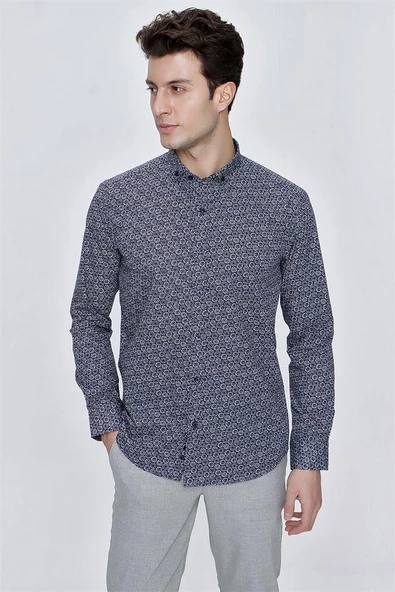 Koyu Lacivert Uzun Kol Gömlek Yaka Klasik Slim Fit Pamuklu Gömlek 1004225223 - Resim 4