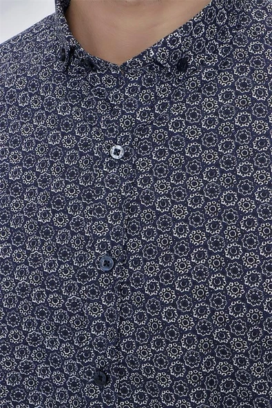 Koyu Lacivert Uzun Kol Gömlek Yaka Klasik Slim Fit Pamuklu Gömlek 1004225223 - Resim 5