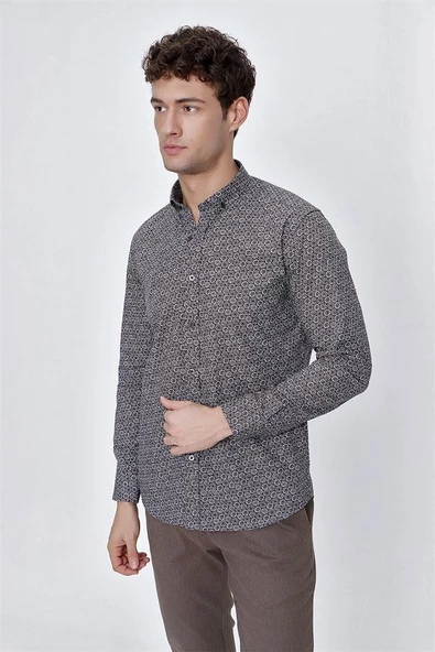 Koyu Kahverengi Uzun Kol Gömlek Yaka Klasik Slim Fit Pamuklu Gömlek 1004225223 - 4
