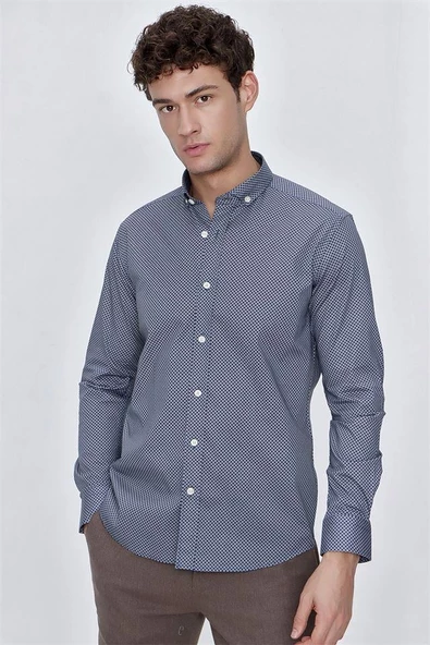 İndigo Mavi Uzun Kol Gömlek Yaka Klasik Slim Fit Pamuklu Likralı Gömlek 1004225207 - Resim 3