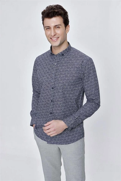 Koyu Lacivert Uzun Kol Gömlek Yaka Klasik Slim Fit Pamuklu Gömlek 1004225223 - Resim 3