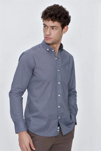 İndigo Mavi Uzun Kol Gömlek Yaka Klasik Slim Fit Pamuklu Likralı Gömlek 1004225207 - Resim 5