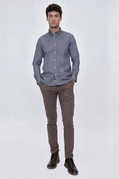 İndigo Mavi Uzun Kol Gömlek Yaka Klasik Slim Fit Pamuklu Likralı Gömlek 1004225207 - Resim 2