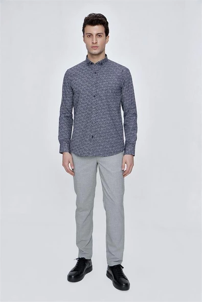 Koyu Lacivert Uzun Kol Gömlek Yaka Klasik Slim Fit Pamuklu Gömlek 1004225223 - Resim 2