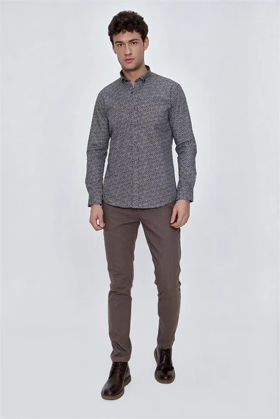 Koyu Kahverengi Uzun Kol Gömlek Yaka Klasik Slim Fit Pamuklu Gömlek 1004225223 - 2