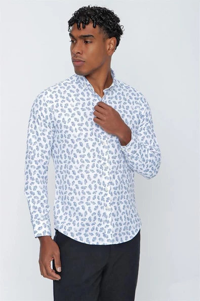 Mavi Uzun Kol Baskılı Oxford  Biyeli Pamuklu Slim Fit Dar Kesim Klasik Gömlek 1004225202
