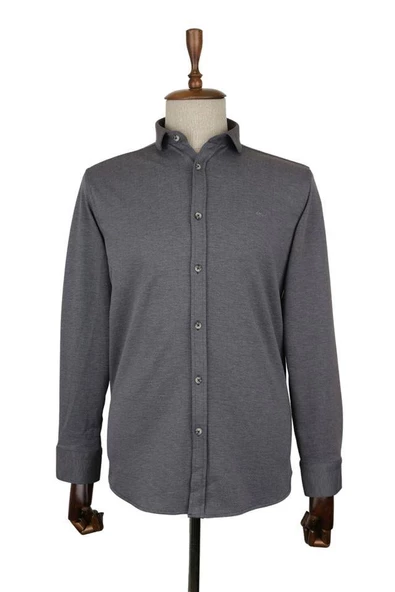 Gri Uzun Kol Örme  Biyeli comfort rahat Kesim Casual Gömlek 1004225116
