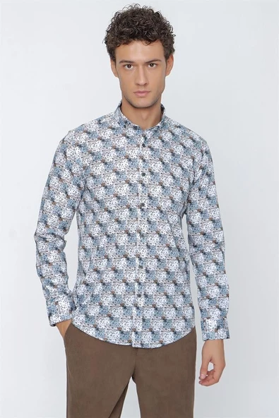 Bej Uzun Kol Baskılı  Pamuklu Likralı Slim Fit Dar Kesim Klasik Gömlek 1004225157