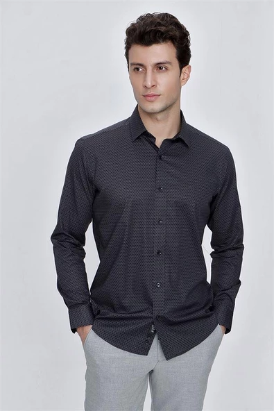 Siyah Uzun Kol Baskılı Sert Yaka   Pamuklu Slim Fit Dar Kesim Klasik Gömlek 1004225142