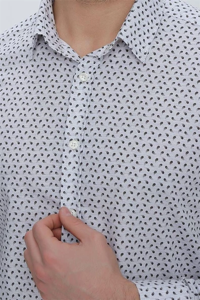 Gri Uzun Kol Baskılı Sert Yaka  Slim Fit Dar Kesim Klasik Gömlek 1004225130 - 6