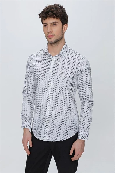Gri Uzun Kol Baskılı Sert Yaka  Slim Fit Dar Kesim Klasik Gömlek 1004225130 - 5