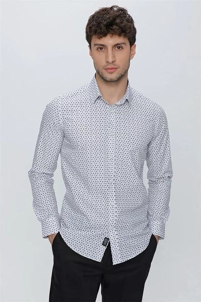 Gri Uzun Kol Baskılı Sert Yaka  Slim Fit Dar Kesim Klasik Gömlek 1004225130 - 4