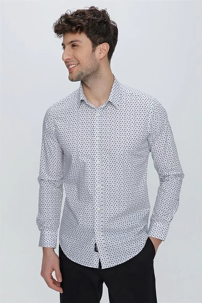 Gri Uzun Kol Baskılı Sert Yaka  Slim Fit Dar Kesim Klasik Gömlek 1004225130 - 3
