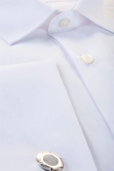 Beyaz Uzun Kol Sert Yaka  Slim Fit Dar Kesim Basic Gömlek 1004225059 - Resim 3