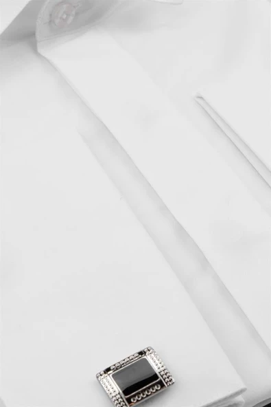 Beyaz Uzun Kol Ata Yaka  Slim Fit Dar Kesim Basic Gömlek 1004220060 - Resim 3