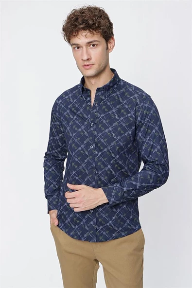 Lacivert Uzun Kol Baskılı Düğmeli Yaka  Slim Fit Dar Kesim Klasik Gömlek 1004220289 - Resim 3