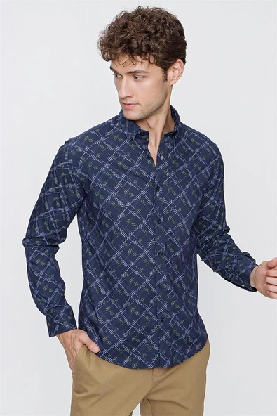Lacivert Uzun Kol Baskılı Düğmeli Yaka  Slim Fit Dar Kesim Klasik Gömlek 1004220289 - Resim 6