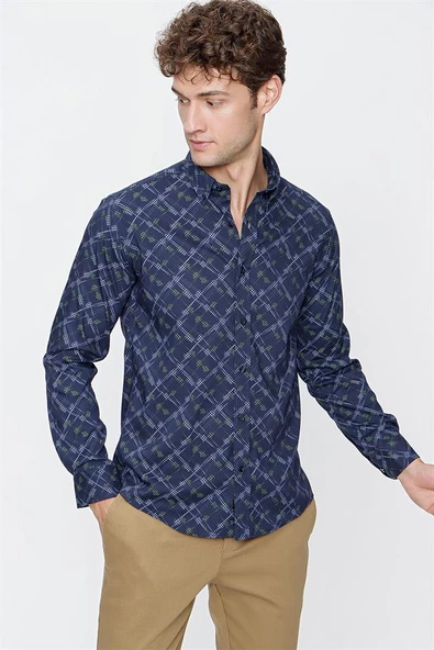 Lacivert Uzun Kol Baskılı Düğmeli Yaka  Slim Fit Dar Kesim Klasik Gömlek 1004220289 - Resim 2