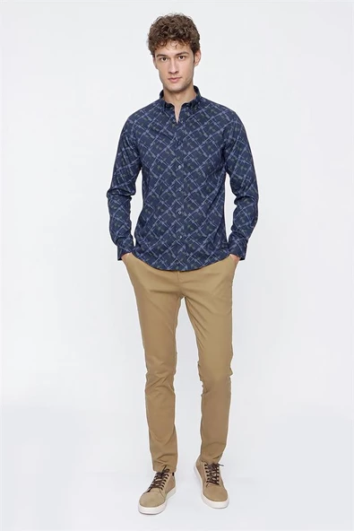 Lacivert Uzun Kol Baskılı Düğmeli Yaka  Slim Fit Dar Kesim Klasik Gömlek 1004220289 - Resim 5