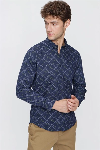 Lacivert Uzun Kol Baskılı Düğmeli Yaka  Slim Fit Dar Kesim Klasik Gömlek 1004220289 - Resim 4