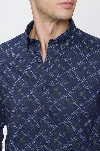 Lacivert Uzun Kol Baskılı Düğmeli Yaka  Slim Fit Dar Kesim Klasik Gömlek 1004220289 - Resim 7