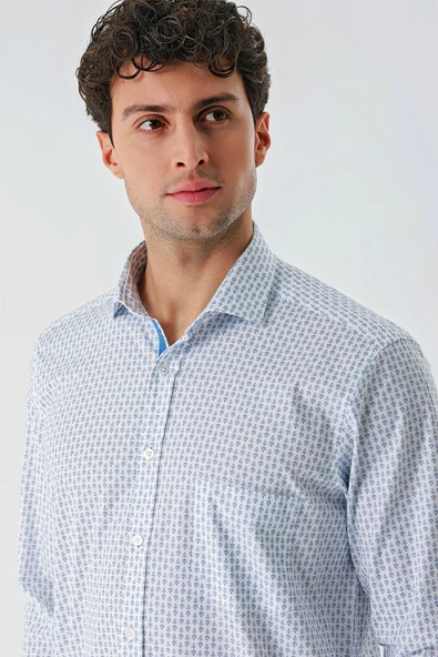 Koyu Mavi Uzun Kollu Baskılı  İtalyan Yaka Cepli  Pamuklu Likralı  Comfort Fit Gömlek 1004240160 - Resim 7