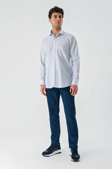 Koyu Mavi Uzun Kollu Baskılı  İtalyan Yaka Cepli  Pamuklu Likralı  Comfort Fit Gömlek 1004240160 - Resim 6