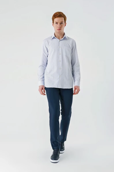 Koyu Lacivert Uzun Kollu İtalyan Yaka Cepsiz Garnili Pamuklu Klasik Slim Fit Gömlek 1004240151 - Resim 5